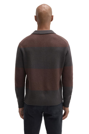Back view of men's charcoal gray and brown striped long sleeve knit polo with ribbed collar and hem by Robert Barakett