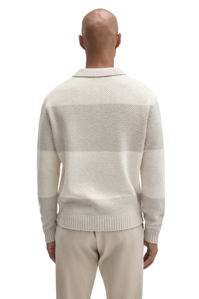 Robert Barakett men's ivory and light gray textured knit long-sleeve polo with hem, cuffs and ribbed collar, back view