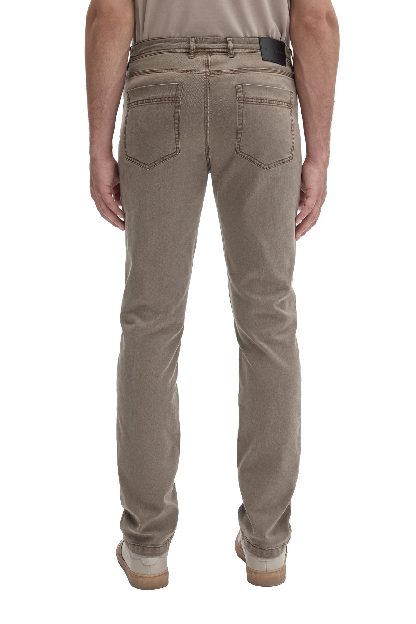 Robert Barakett men's taupe gray straight-leg jeans with black waistband patch, belt loops and two patch pockets, back view