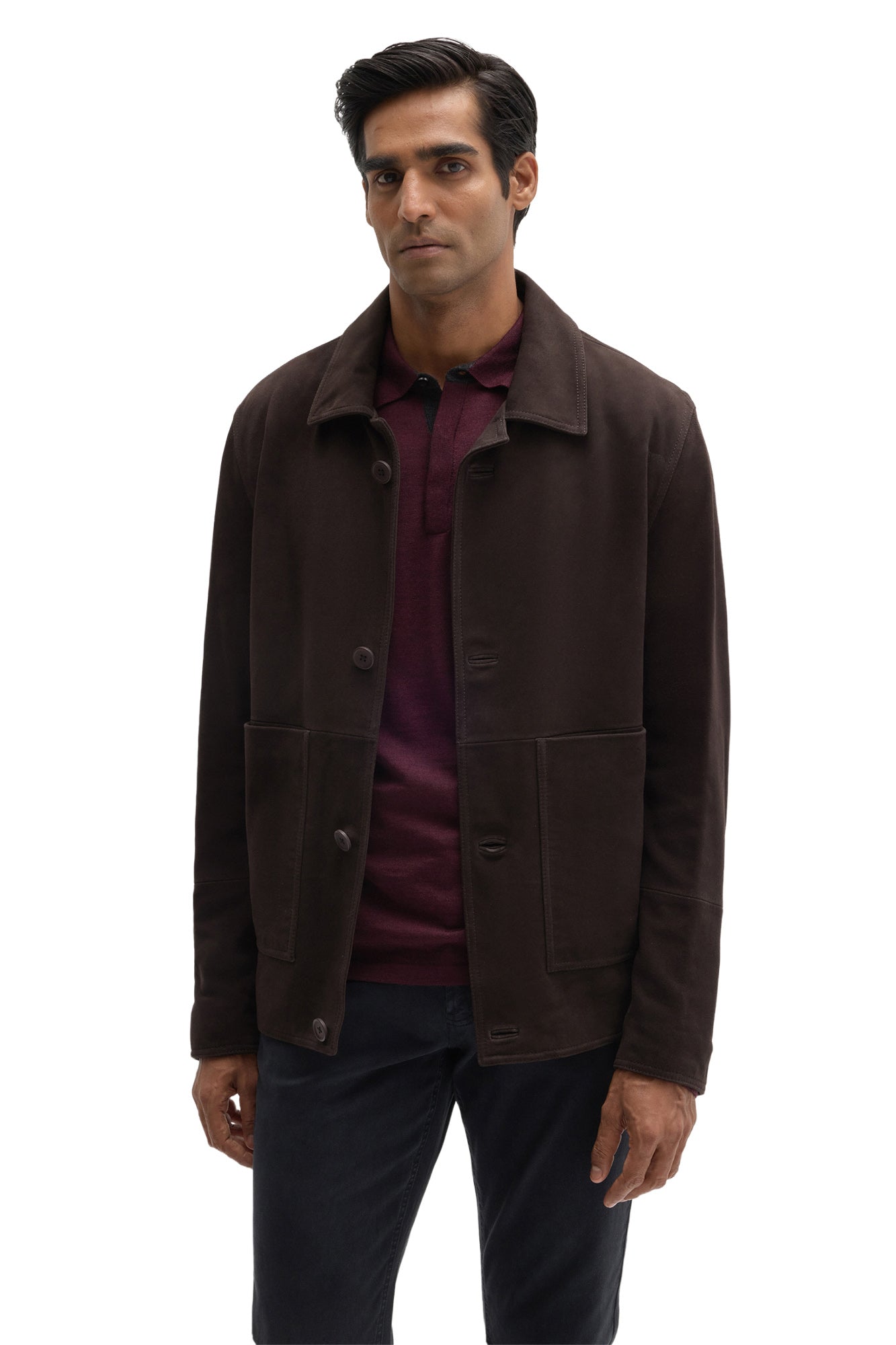 Robert Barakett men's dark brown suede jacket with patch pockets, button closure and point collar, front view