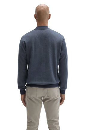Robert Barakett men's heathered blue jacket with waistband, cuffs and ribbed baseball collar shown from the back