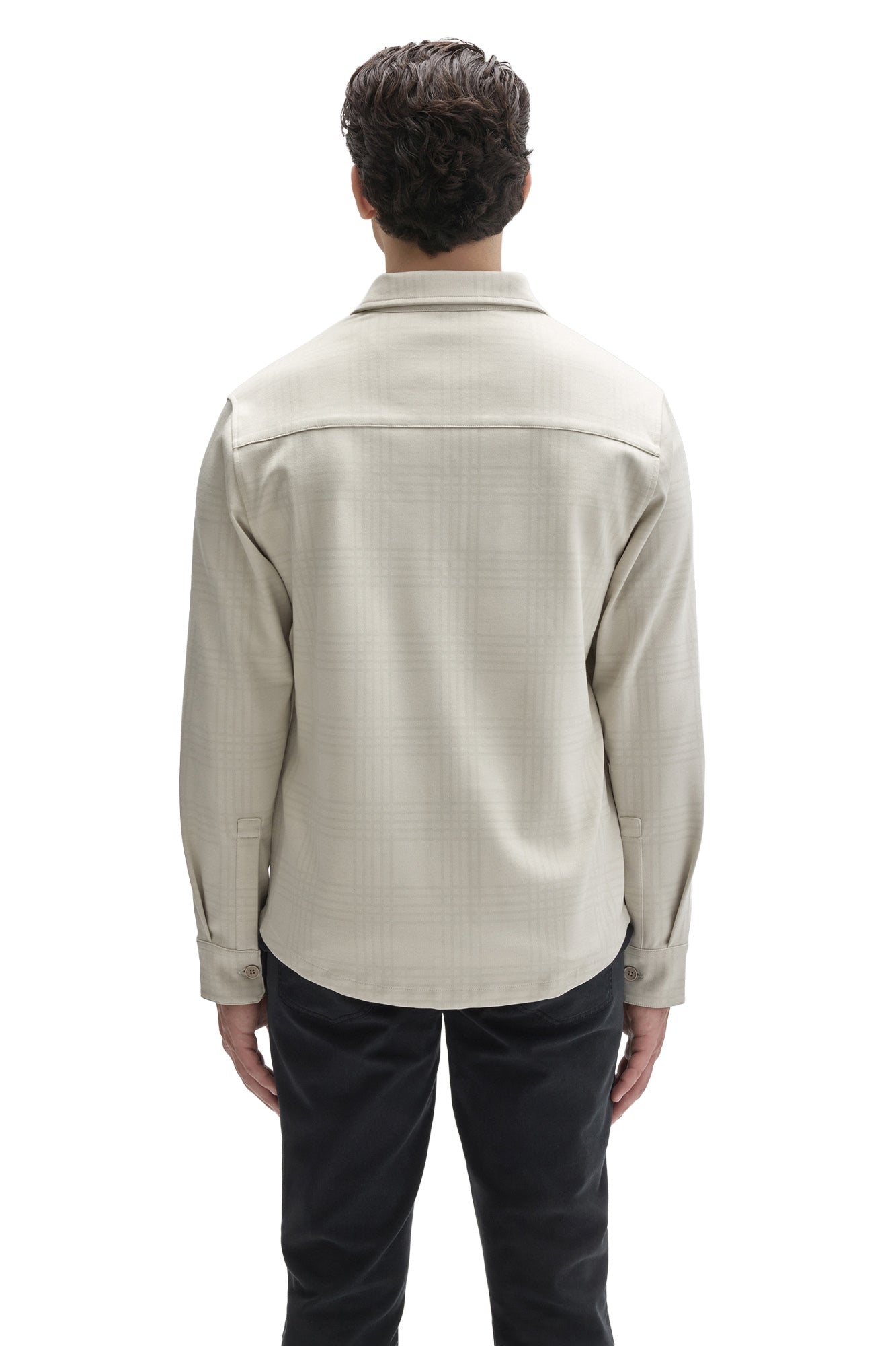 Robert Barakett men's cream tonal plaid overshirt with button cuffs, back yoke and point collar shown from the back