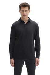 Vue de face du polo noir à manches longues avec patte boutonnée et col côtelé pour homme par Robert Barakett