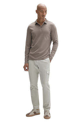 Robert Barakett men's full-length front view of taupe long sleeve polo with button placket and straight hem