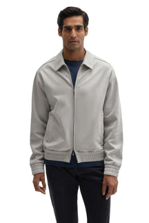 Robert Barakett men's light gray zip-front overshirt with elastic hem, welt pockets and shirt collar shown from the front