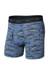 Men's blue fish-print boxer briefs with contour pouch and black SAXX waistband shown from the front