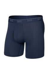 Men's navy boxer briefs with SAXX logo waistband and micro-dot texture shown from the front