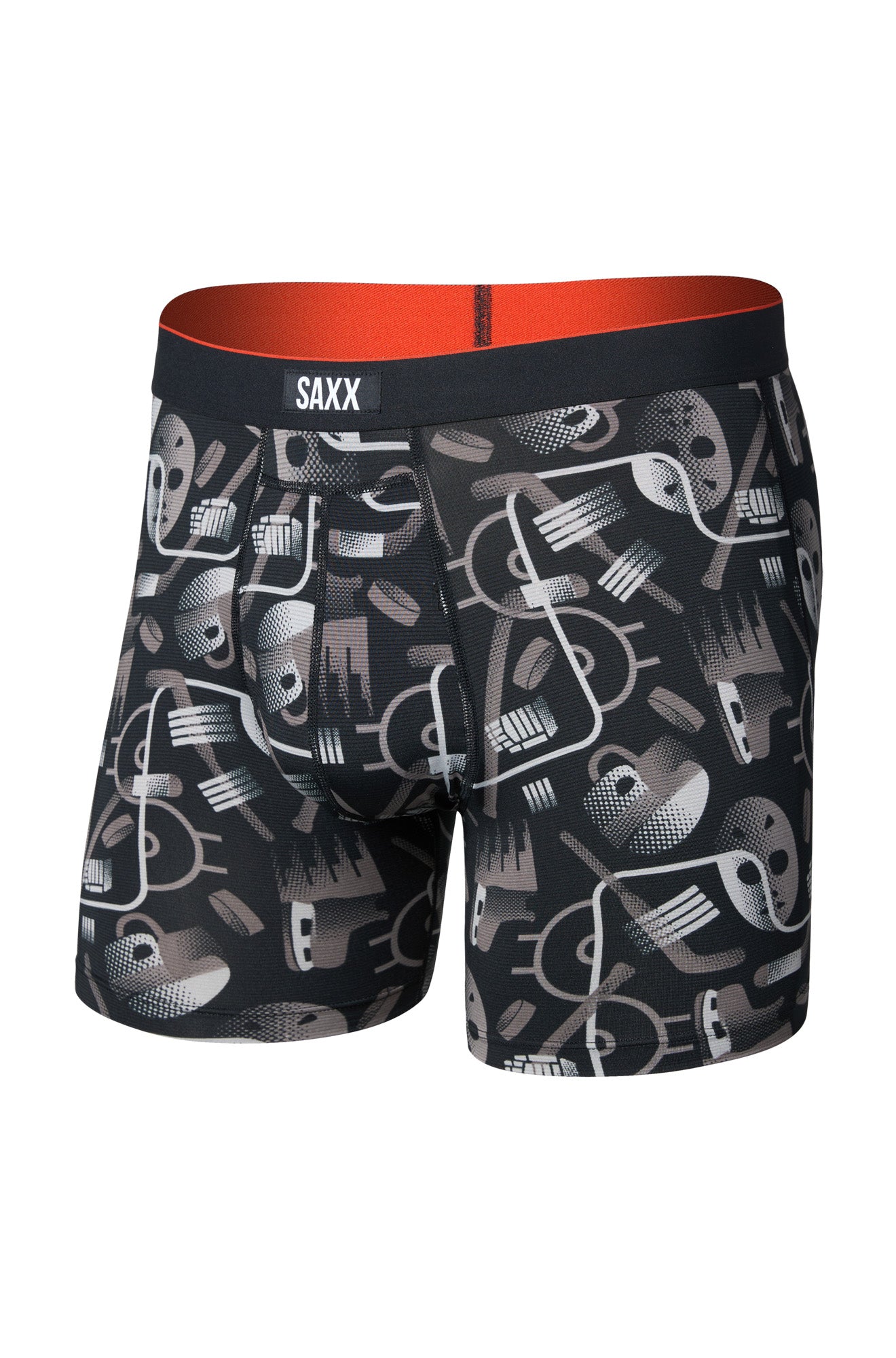 Men's black printed boxer underwear with red-orange interior and SAXX waistband shown from the front