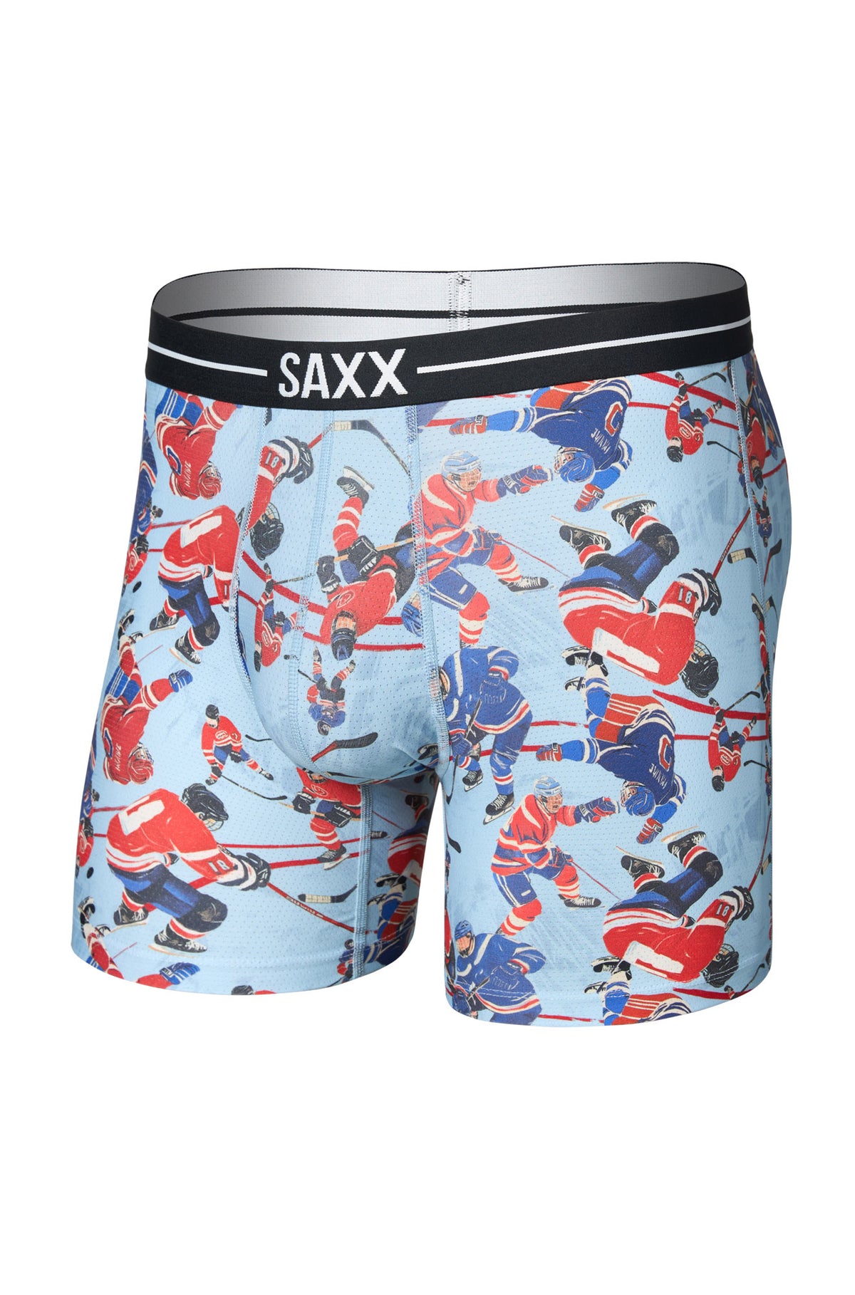 Sous-vêtement bleu pâle à motif hockey avec taille noire SAXX pour homme, vue avant isolée