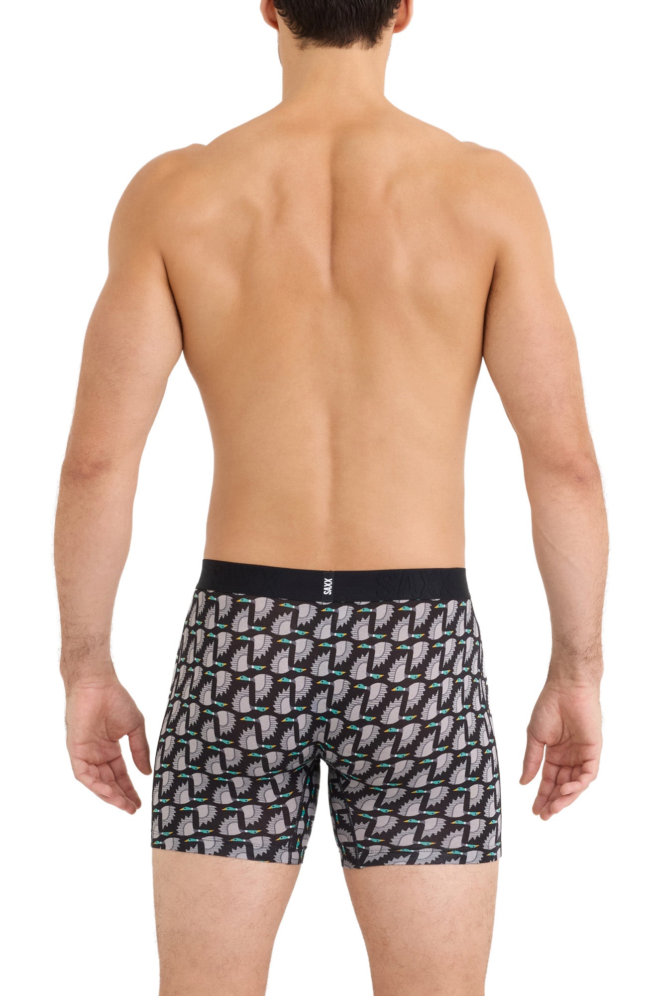 Back model view of men's black and gray bird print boxer boxer brief underwear with small SAXX back tab
