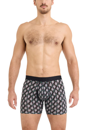 Saxx men's black and gray bird print boxer boxer brief underwear with black elastic waistband shown from the front