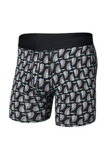Men's black and gray bird print boxer boxer brief underwear with black SAXX waistband shown from the front