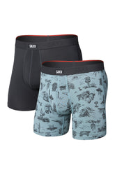 Men's black and navy SAXX boxer underwear with red inner waistbands shown from the front