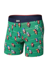 Saxx men's green football-print boxer briefs with navy logo waistband, front product view