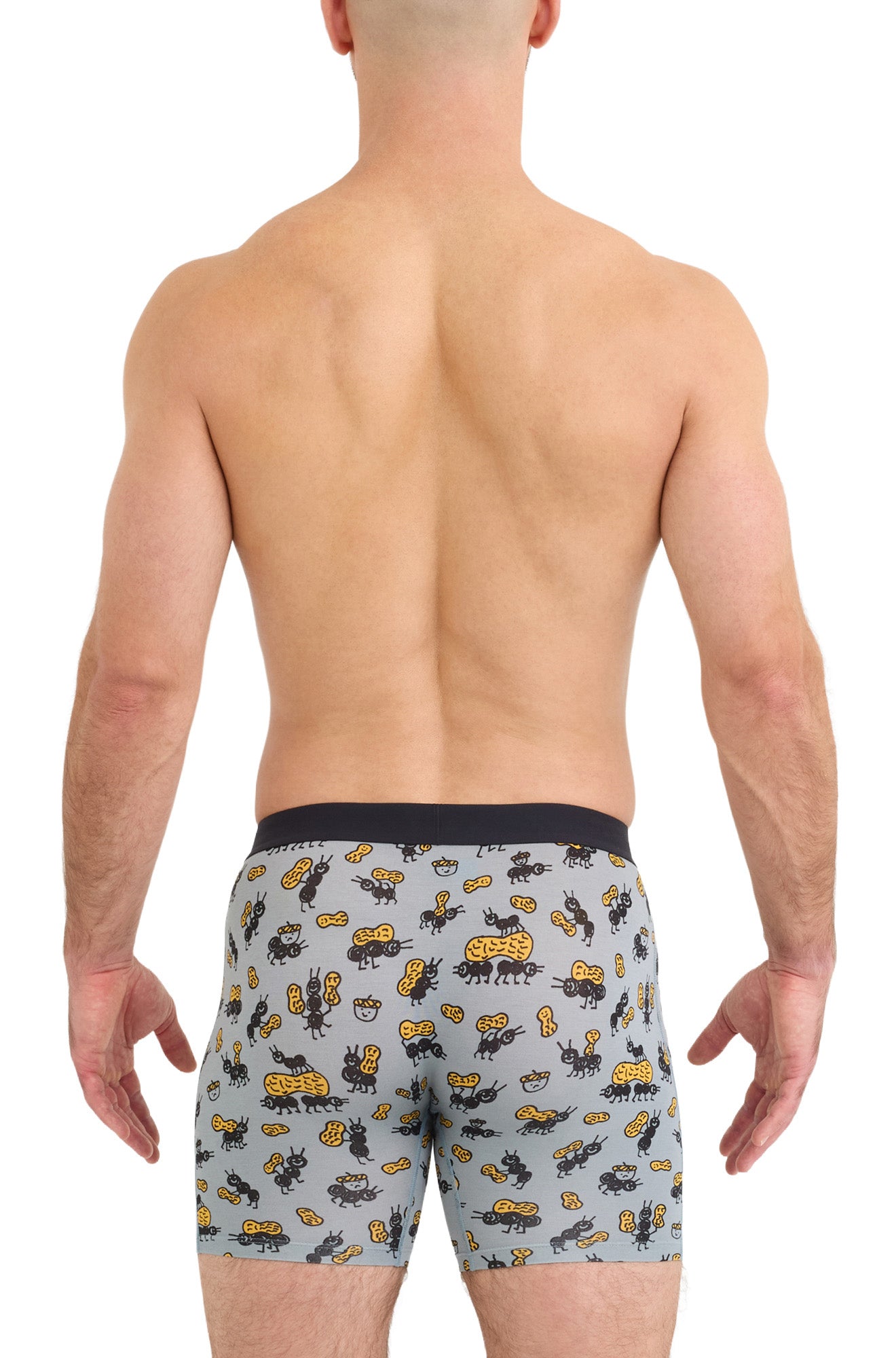 Sous-vêtement bleu pâle imprimé fourmis et arachides porté, vue arrière avec ceinture noire pour homme par Saxx