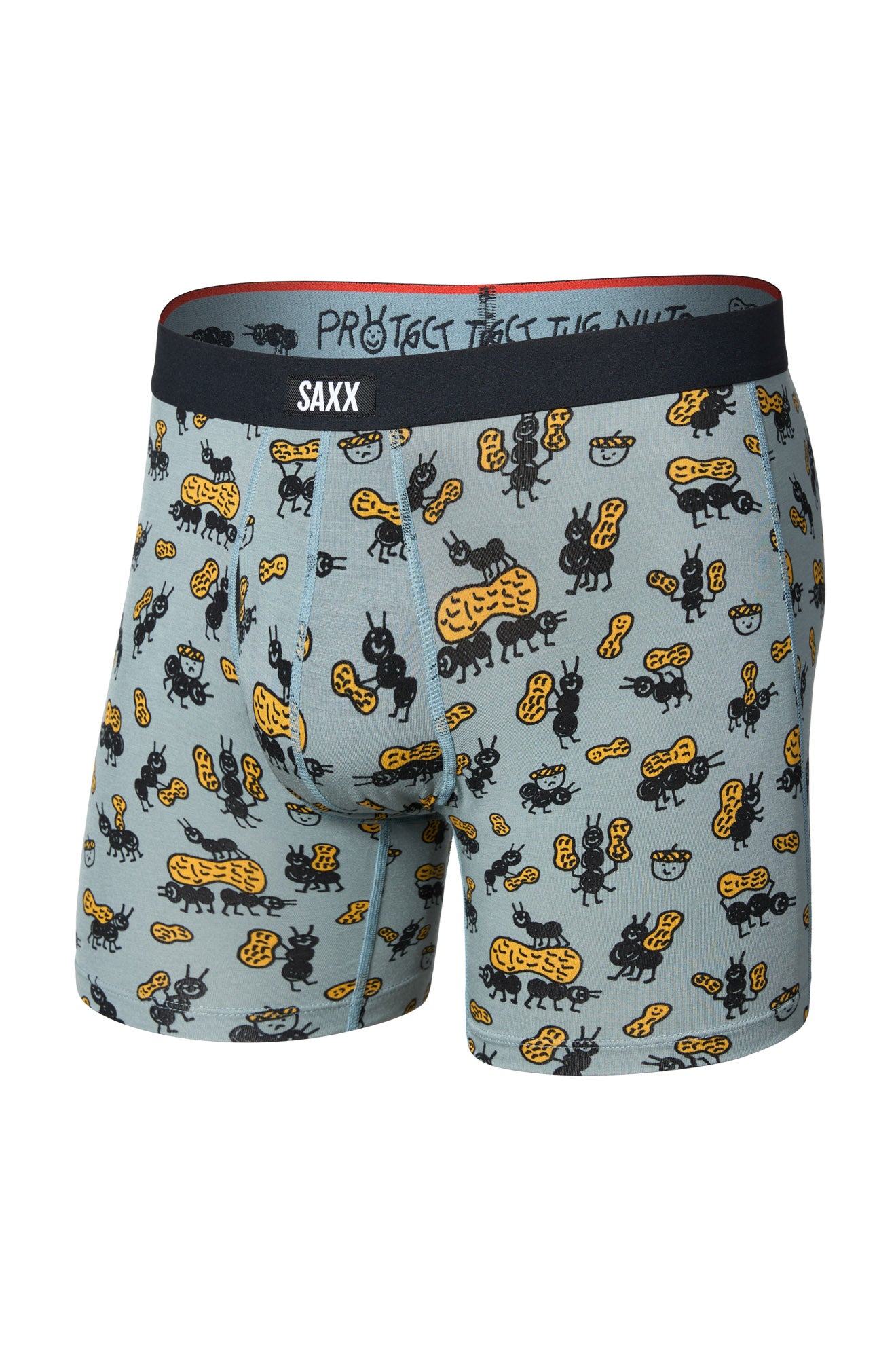 Sous-vêtement bleu pâle à imprimé fourmis et arachides, ceinture noire SAXX pour homme, vue de face