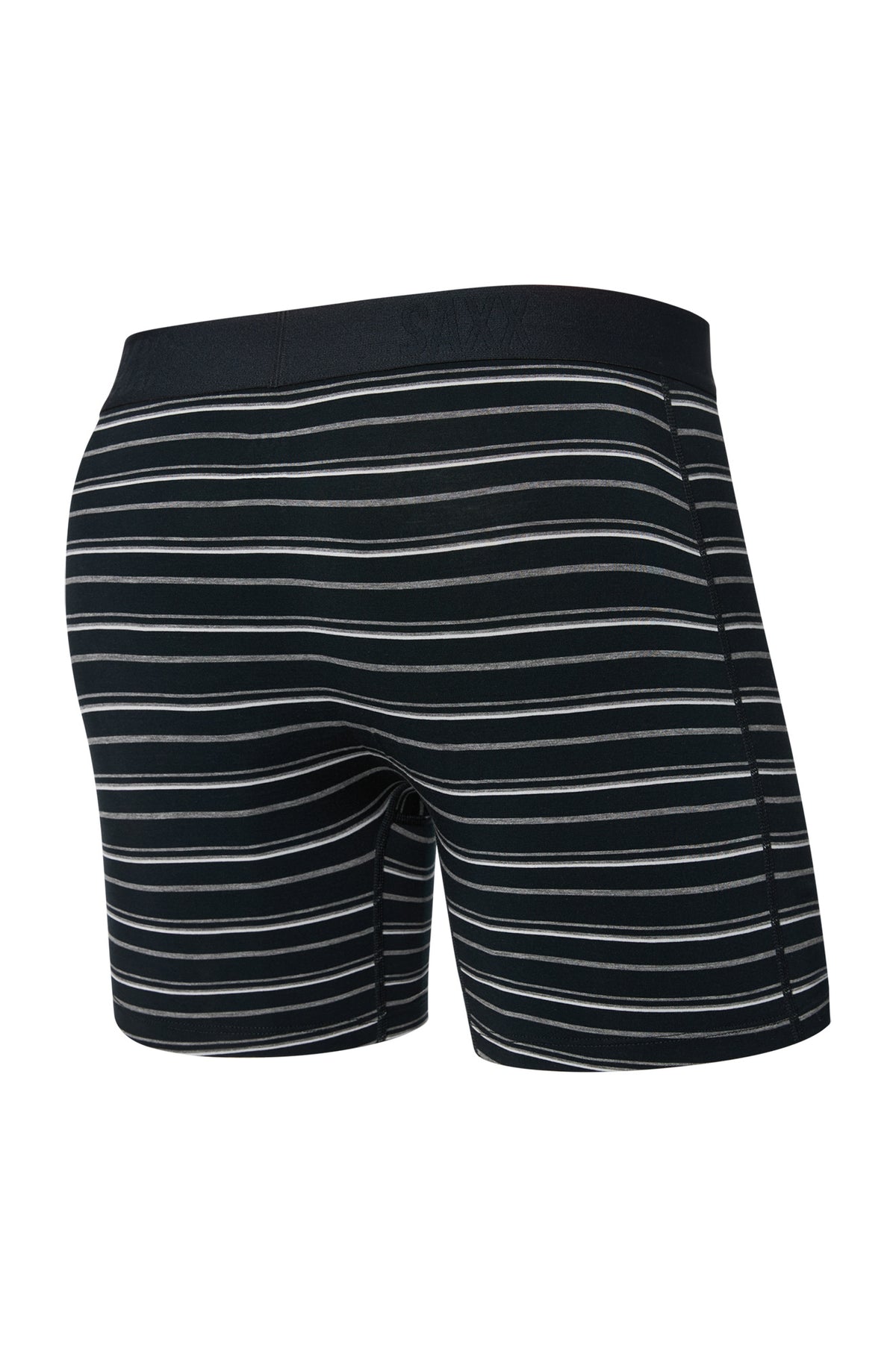 Sous-vêtement ajusté noir rayé, vue arrière isolée avec couture arrière et taille élastique noire pour homme par Saxx