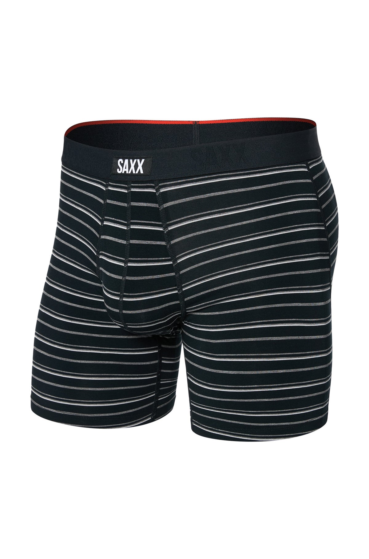 Sous-vêtement ajusté noir rayé avec étiquette SAXX à la taille et gousset moulé pour homme, vue avant isolée