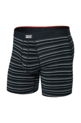 Sous-vêtement ajusté noir rayé avec étiquette SAXX à la taille et gousset moulé pour homme, vue avant isolée