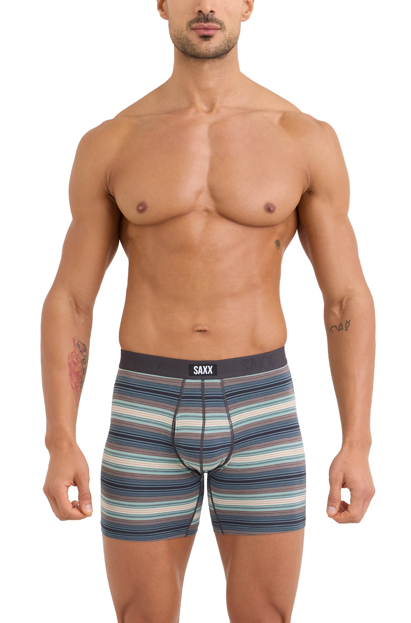 Vue avant du sous-vêtement ajusté rayé sarcelle avec coutures devant et ceinture noire SAXX pour homme