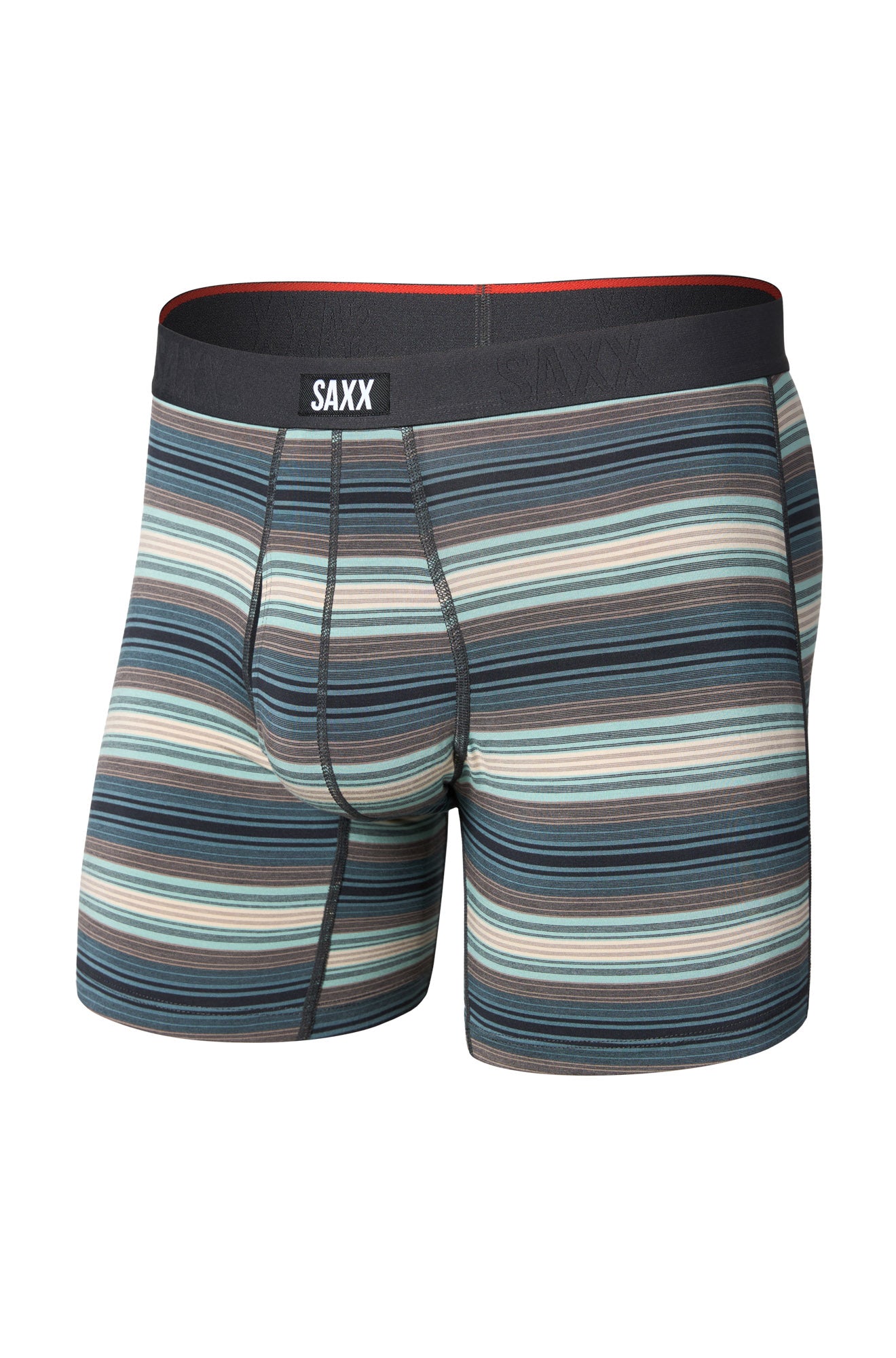 Vue avant isolée du sous-vêtement ajusté rayé sarcelle avec poche et ceinture noire à logo pour homme par Saxx