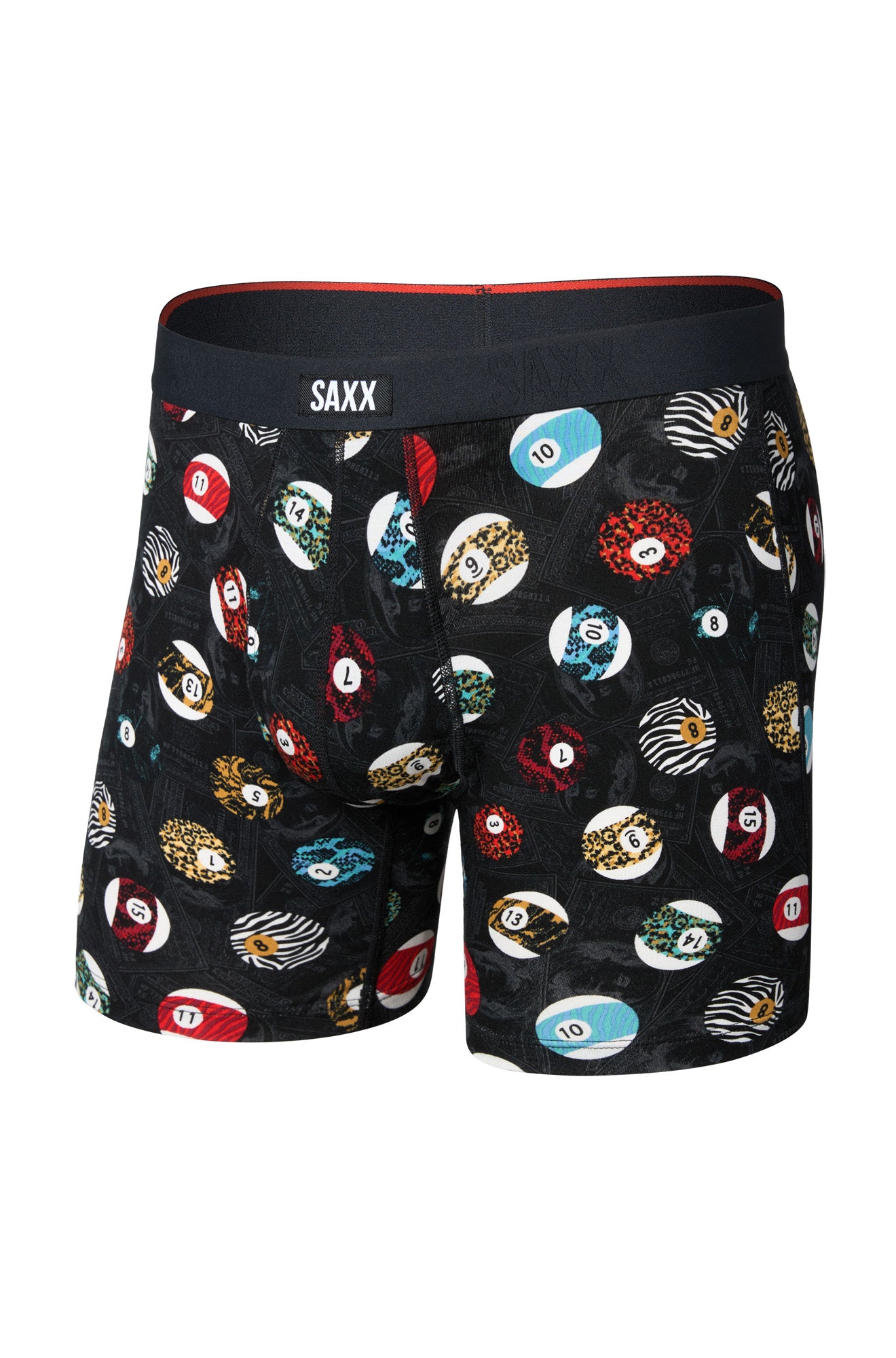Saxx men's black boxer briefs with SAXX waistband and colorful numbered ball print, front product view