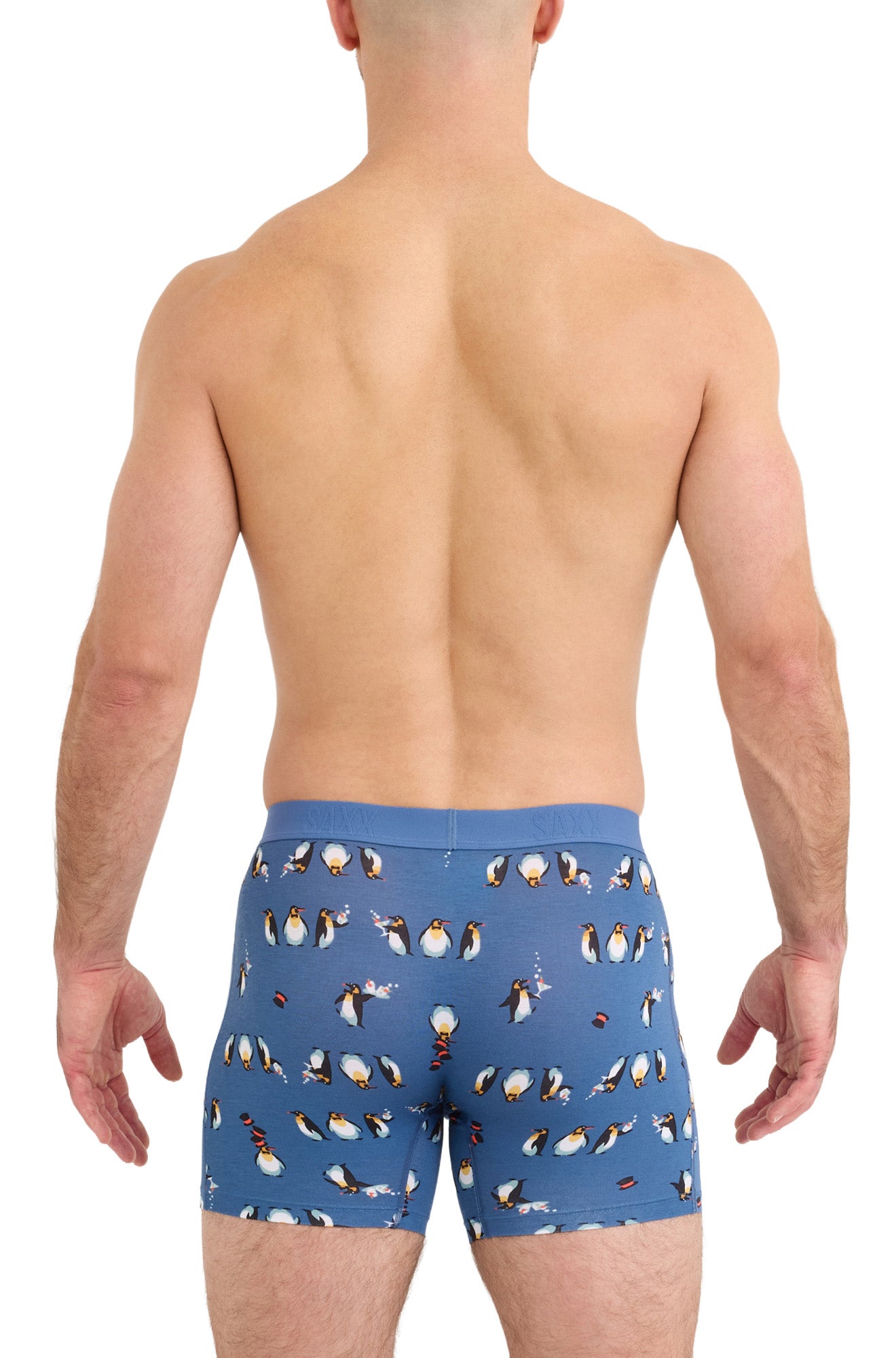 Sur mannequin de dos, le sous-vêtement bleu à imprimé pingouin intégral et taille élastique pour homme par Saxx