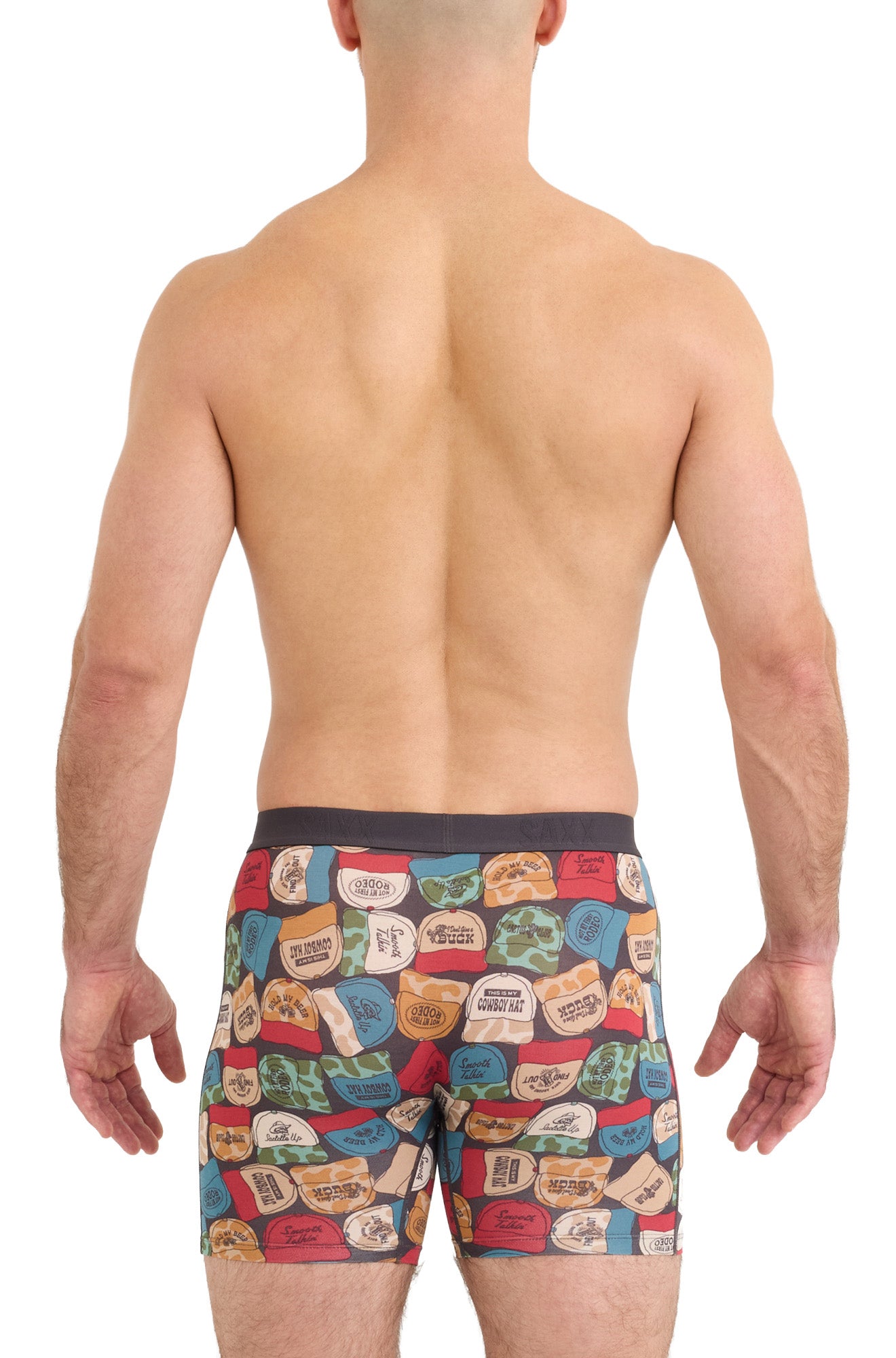 Saxx men's printed boxer boxer brief underwear with multicolor cap pattern and black waistband, back model view