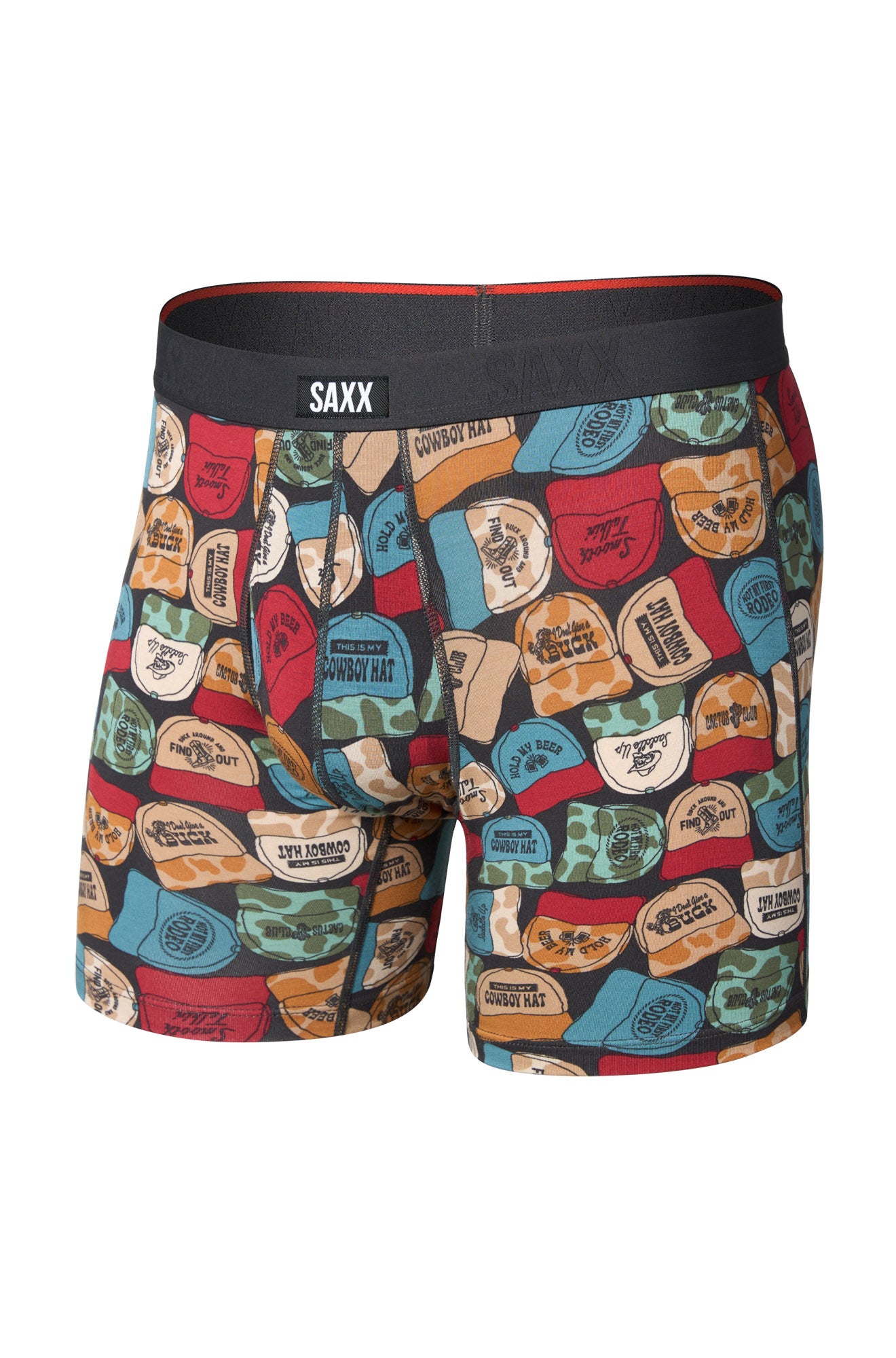 Saxx men's printed boxer boxer brief underwear with multicolor trucker caps and black waistband, isolated front view