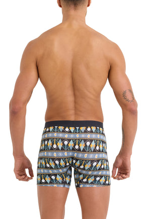 Vue de dos sur modèle d’un sous-vêtement d'hiver noir à motifs avec large taille élastique pour homme par Saxx