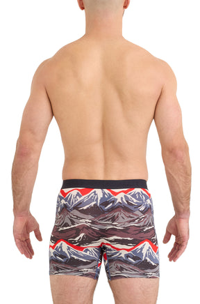 Sur mannequin de dos, le sous-vêtement imprimé montagnes avec ceinture noire et jambes mi-cuisse pour homme par Saxx