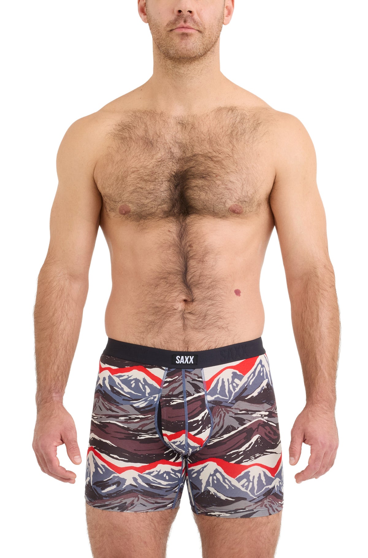 Sous-vêtement ajusté imprimé montagnes, ceinture noire SAXX pour homme, vue de face sur mannequin