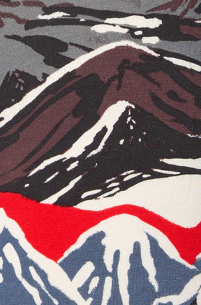 Gros plan du tissu imprimé montagnes rouge, blanc du sous-vêtement, noir et gris pour homme par Saxx