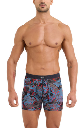 Saxx men's red tropical floral boxer briefs with black logo waistband, front model view