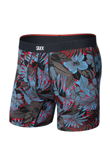 Men's red tropical floral boxer briefs with black SAXX waistband shown from the front