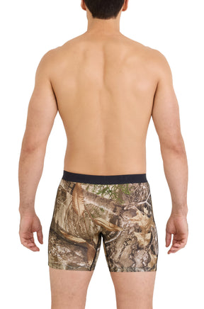Saxx men's brown woodland camouflage boxer underwear with Realtree print and black waistband shown from the back
