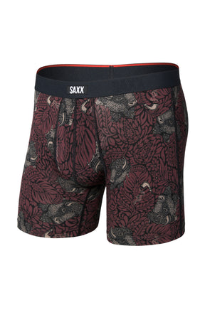 Men's burgundy printed boxer briefs with animal floral motif and black SAXX waistband shown from the front
