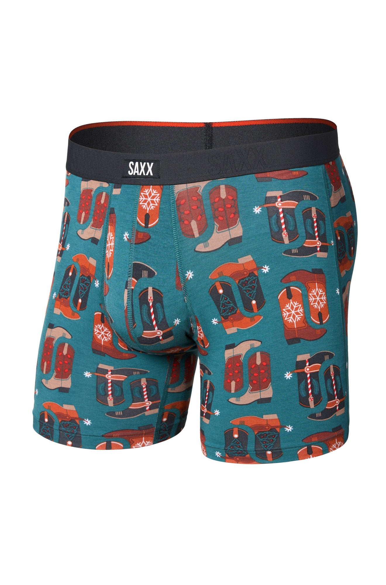 Men's teal boxer underwear with black SAXX waistband and western boot print shown from the front