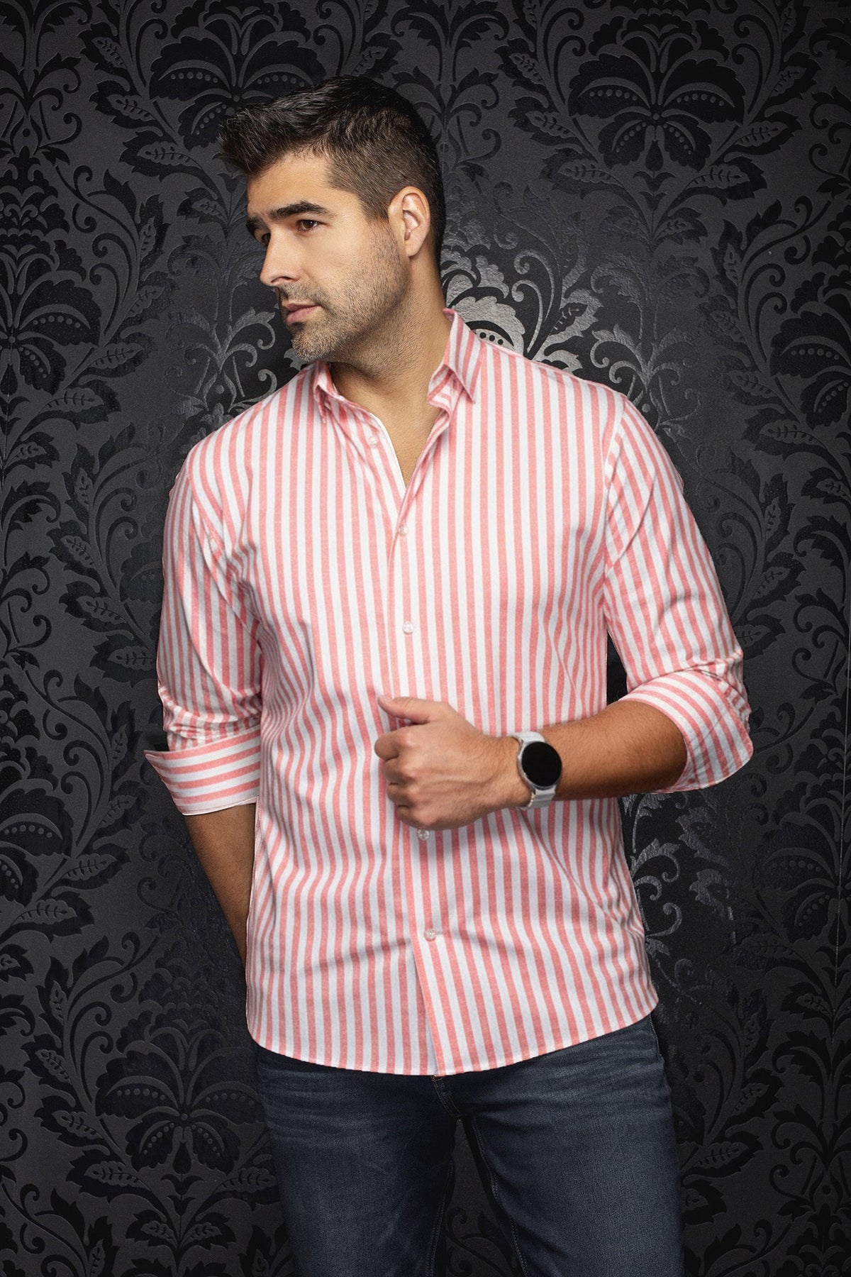 Chemise manches longues en Knit extensible pour homme par Au Noir | TELLY Corail | Machemise.ca, inventaire complet de la marque Au Noir