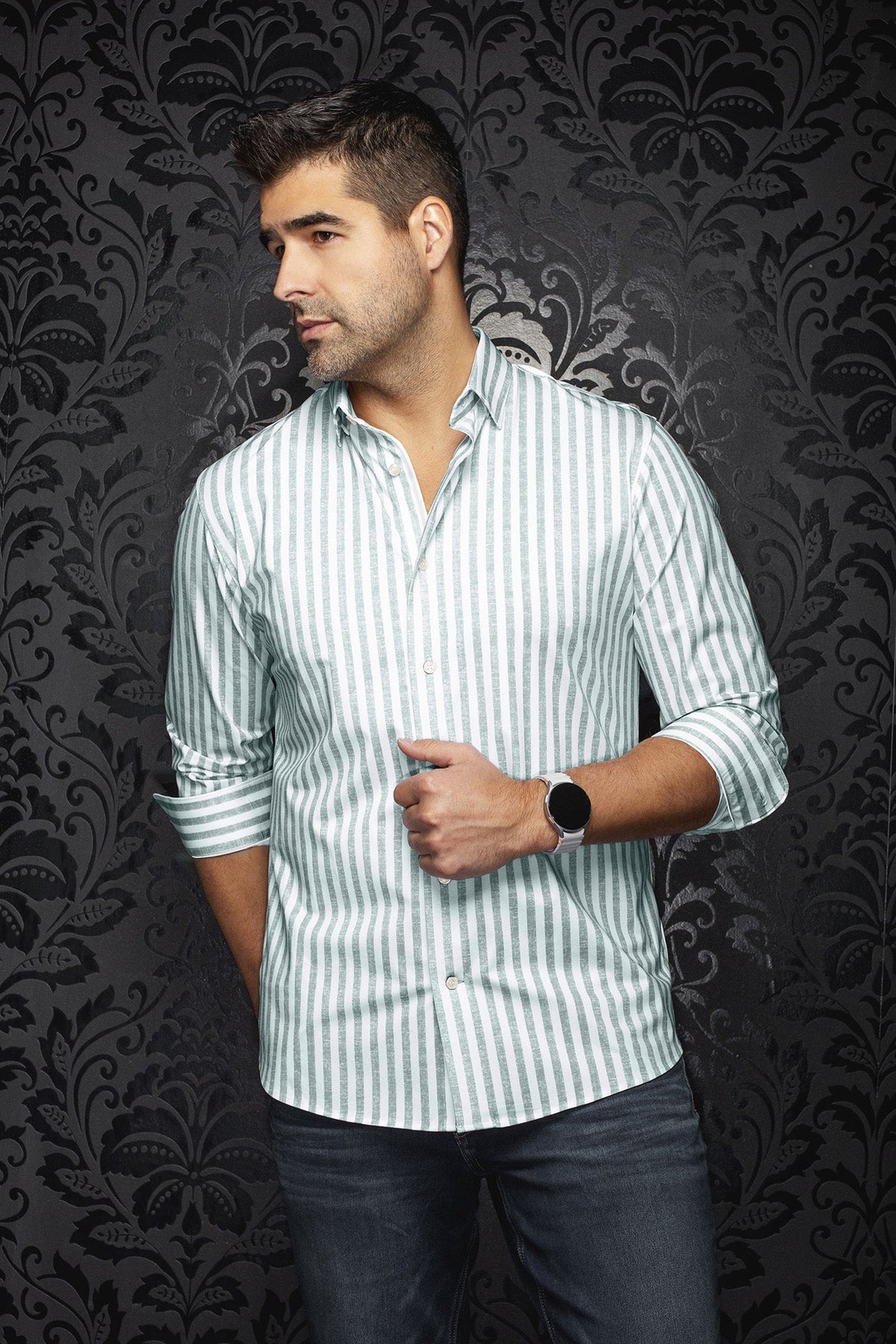 Chemise manches longues en Knit extensible pour homme par Au Noir | TELLY Sage | Machemise.ca, inventaire complet de la marque Au Noir