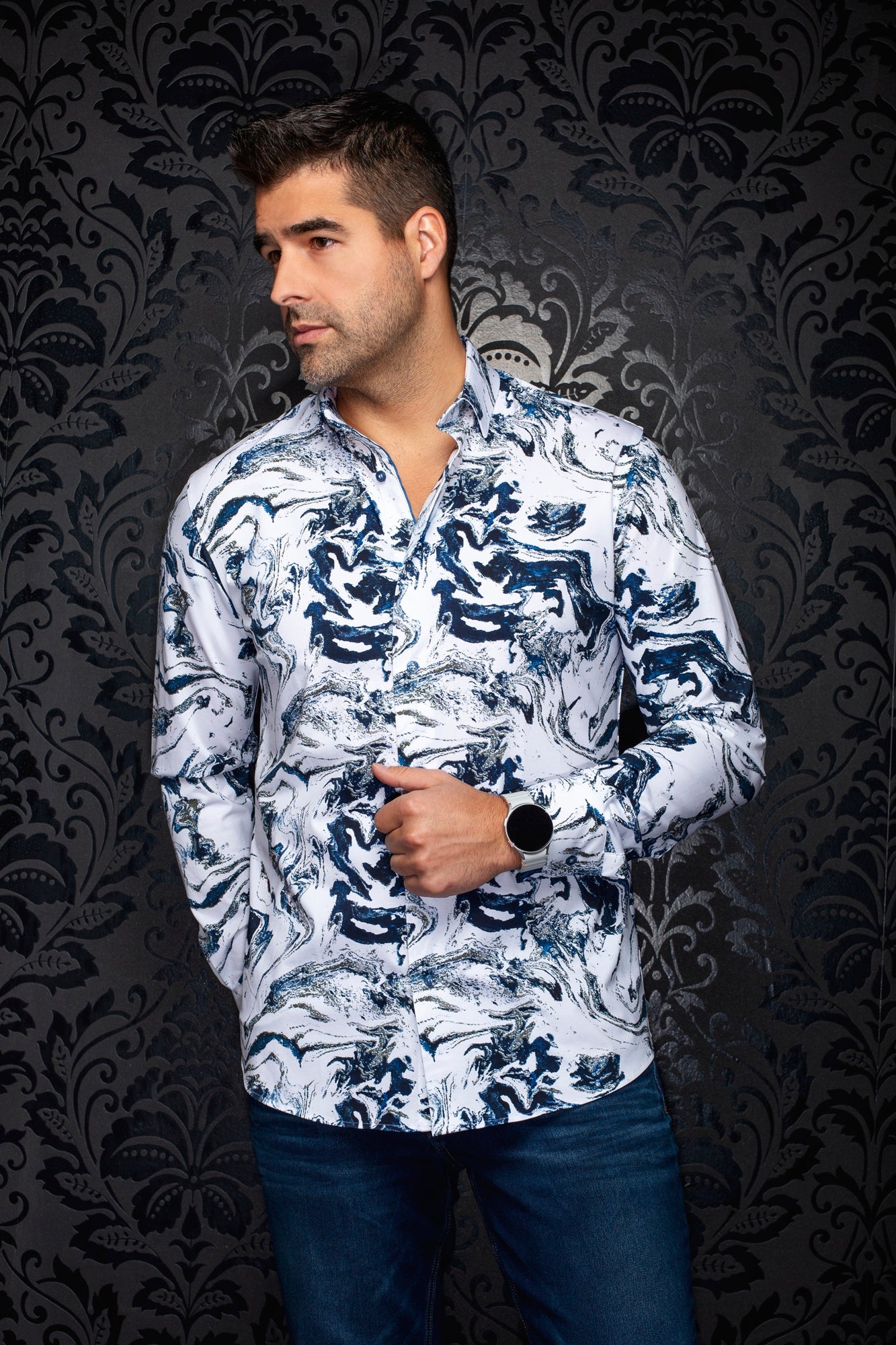 Chemise manches longues en Knit extensible pour homme par Au Noir | THOMAS Blanc Bleu | Machemise.ca, inventaire complet de la marque Au Noir