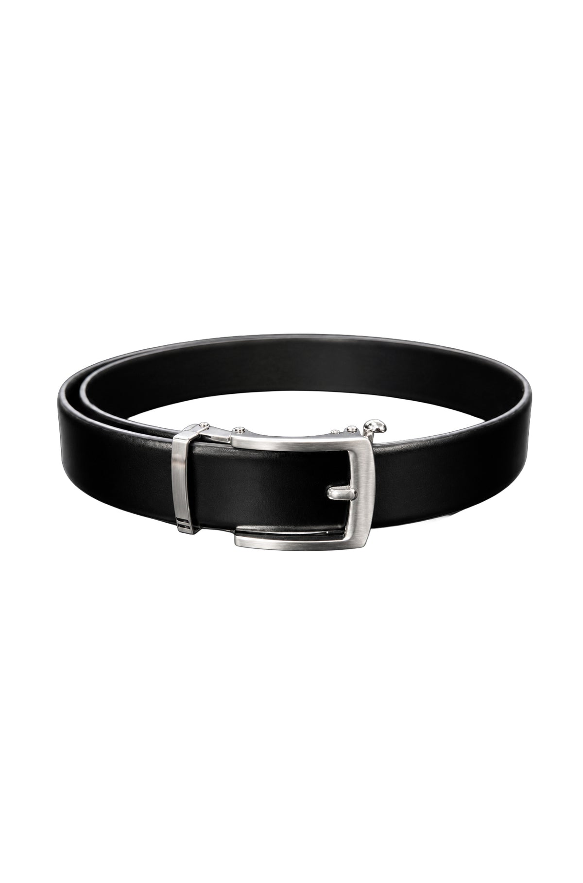 Ceinture noire vue en boucle avec boucle rectangulaire argentée, vue produit pour homme par Au Noir