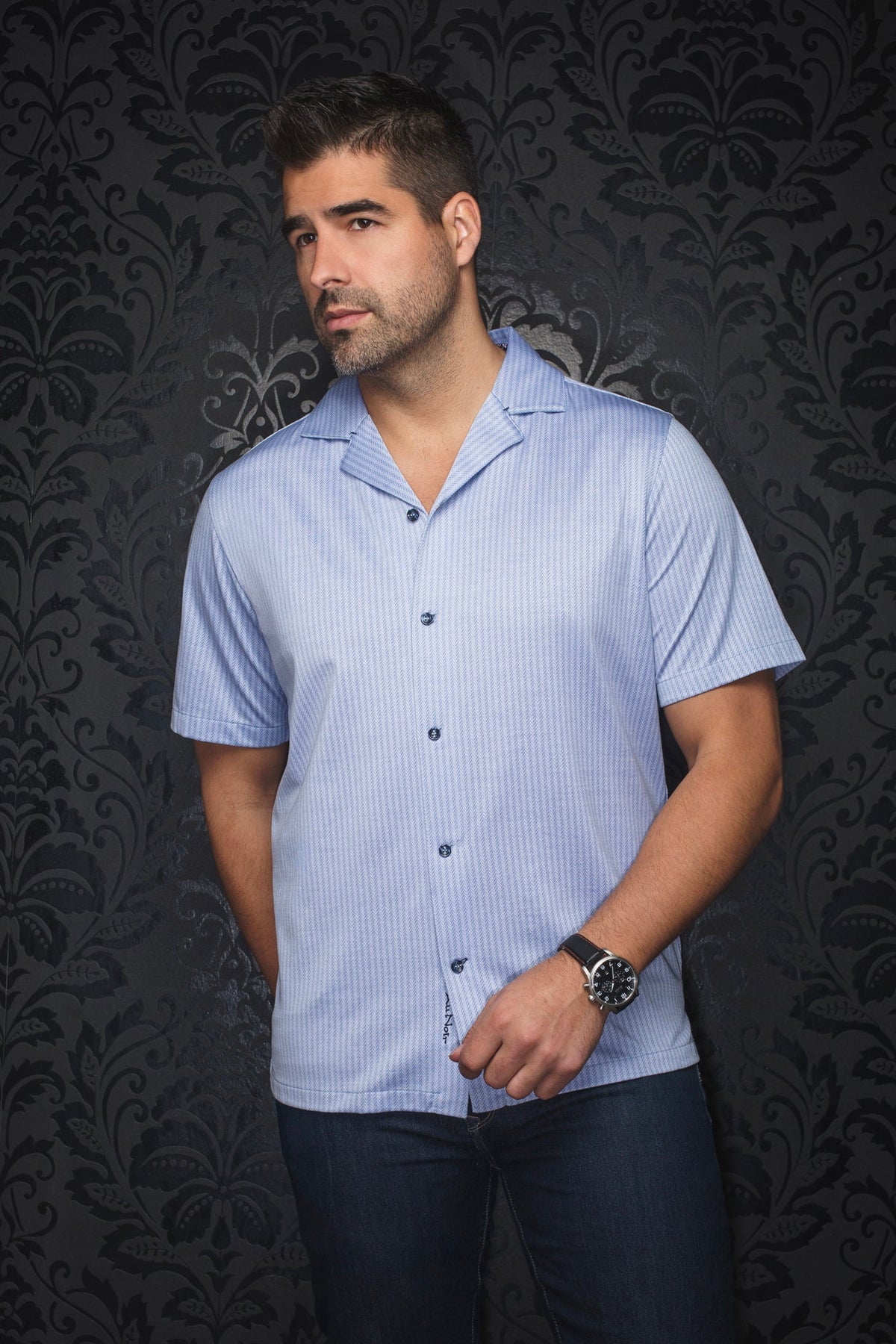 Chemise manches courtes en nylon à col plat pour homme par Au Noir | WAIKIKI-T Bleu Clair | Machemise.ca, inventaire complet de la marque Au Noir