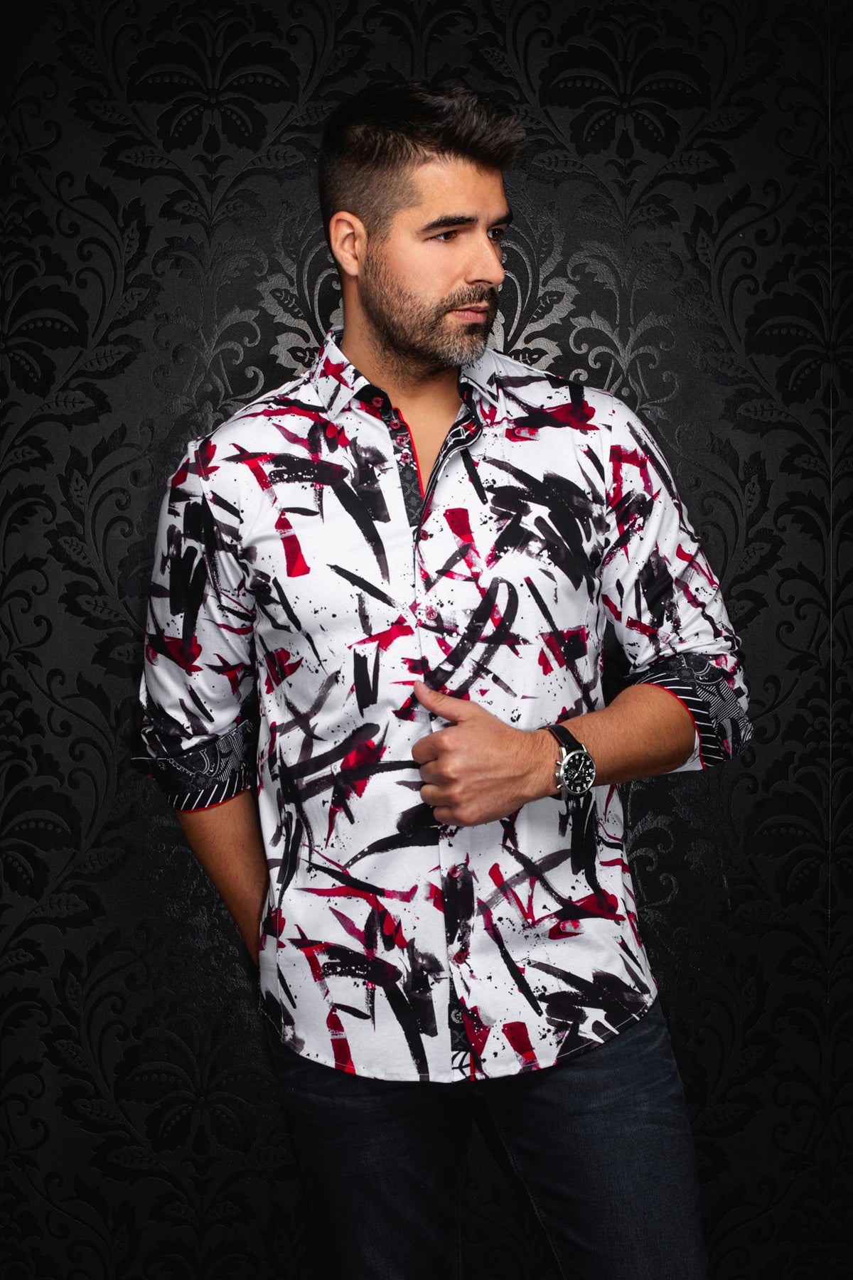 Chemise manches longues en Knit pour homme par Au Noir | ZANDER Blanc Rouge | Machemise.ca, inventaire complet de la marque Au Noir